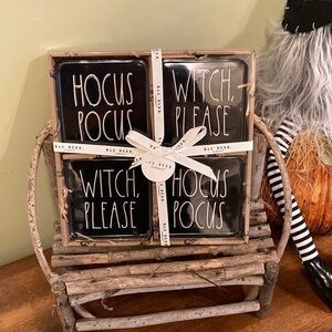 CLOSE OUT NIB RAE DUNN HALLOWEEN  CERAMIC COASTERS HOCUS POCUS & WITCH PLEASE